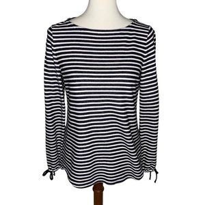Talbots Striped Boat Neck Nautical Top Size Medium Navy Blue White Elastic Cuffs